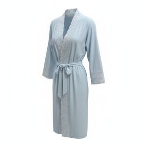 New Eileen West Women Robe L Blue Cotton Embroidered Lace Trim Wrap Cottagecore